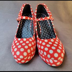 Red & White Polka Dot Bowtie Wedge Heels Minnie Mouse Disney Rockabilly Retro